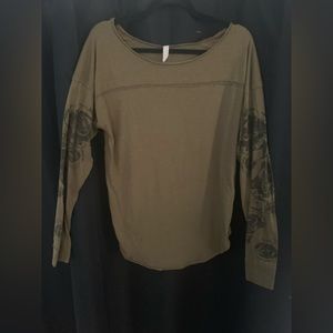 Free People Olive Green Lightweight Tunic with Black Floral Design on Sleeves